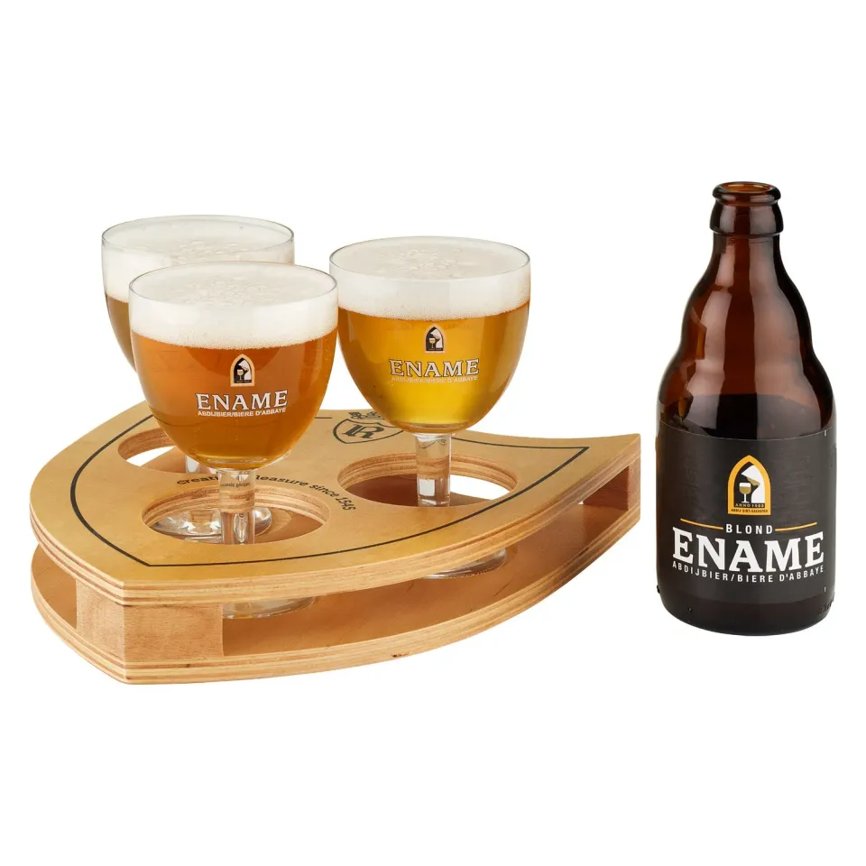 Ename houten degustatieplank met 3 glazen